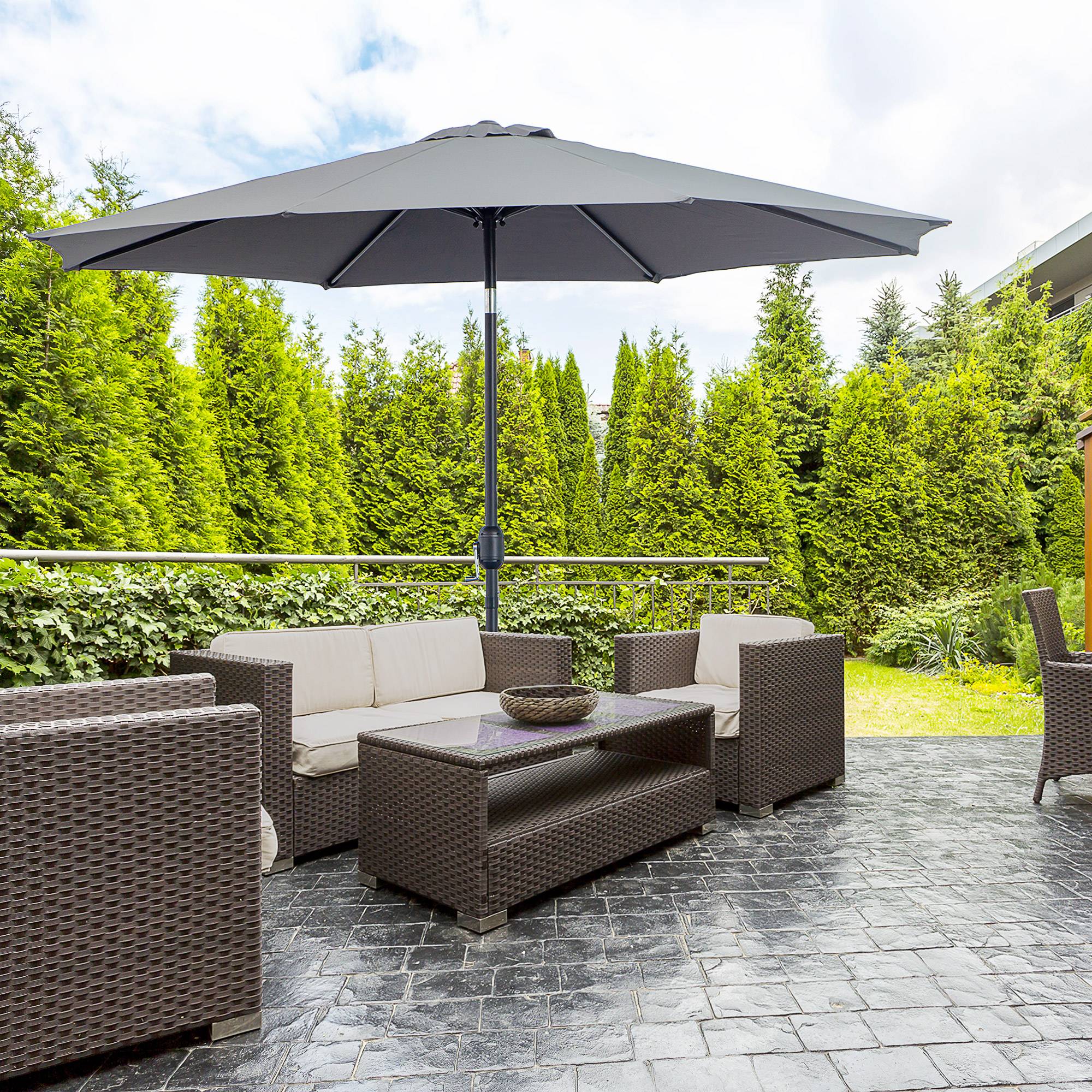 Parasol jardin Ø295x250 cm, manivelle, inclinable, mât métallique amovible, terrasse piscine patio, gris foncé - Image 4