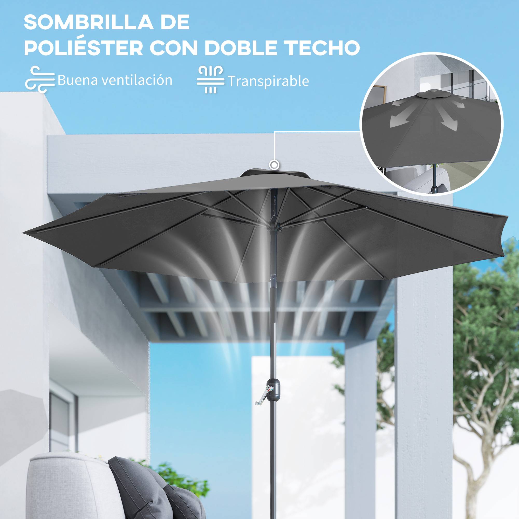 Parasol jardin Ø295x250 cm, manivelle, inclinable, mât métallique amovible, terrasse piscine patio, gris foncé - Image 10