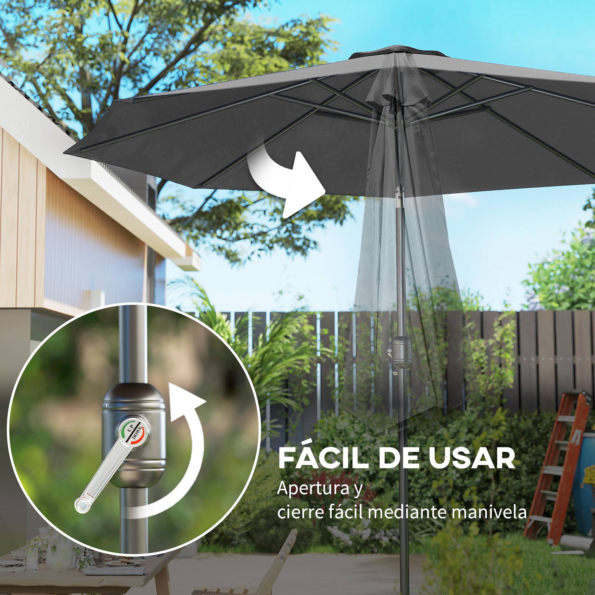 Parasol jardin Ø295x250 cm, manivelle, inclinable, mât métallique amovible, terrasse piscine patio, gris foncé - Image 7