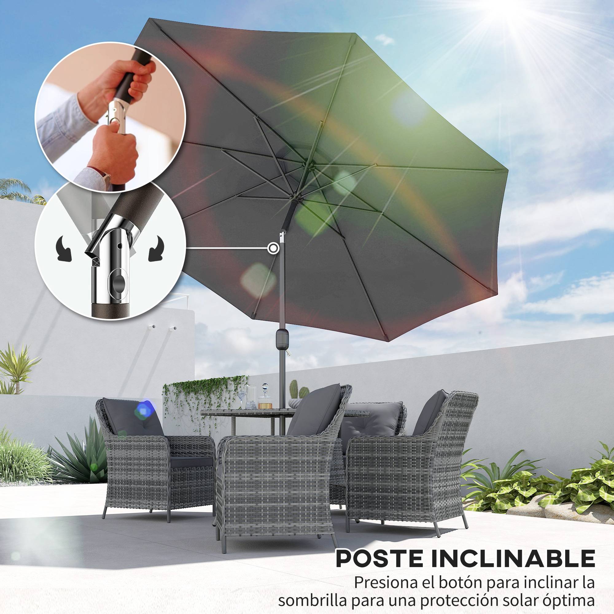 Parasol jardin Ø295x250 cm, manivelle, inclinable, mât métallique amovible, terrasse piscine patio, gris foncé - Image 6