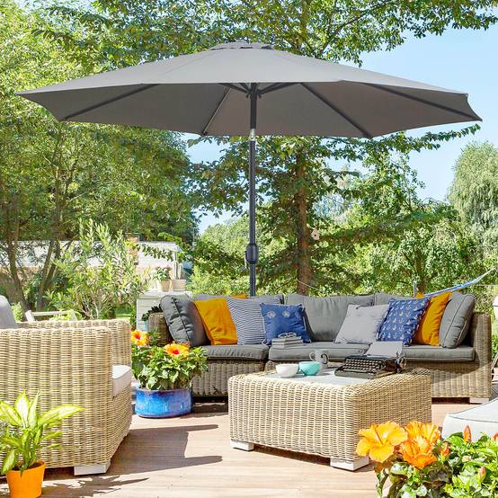 Parasol jardin Ø295x250 cm, manivelle, inclinable, mât métallique amovible, terrasse piscine patio, gris foncé - Image 3