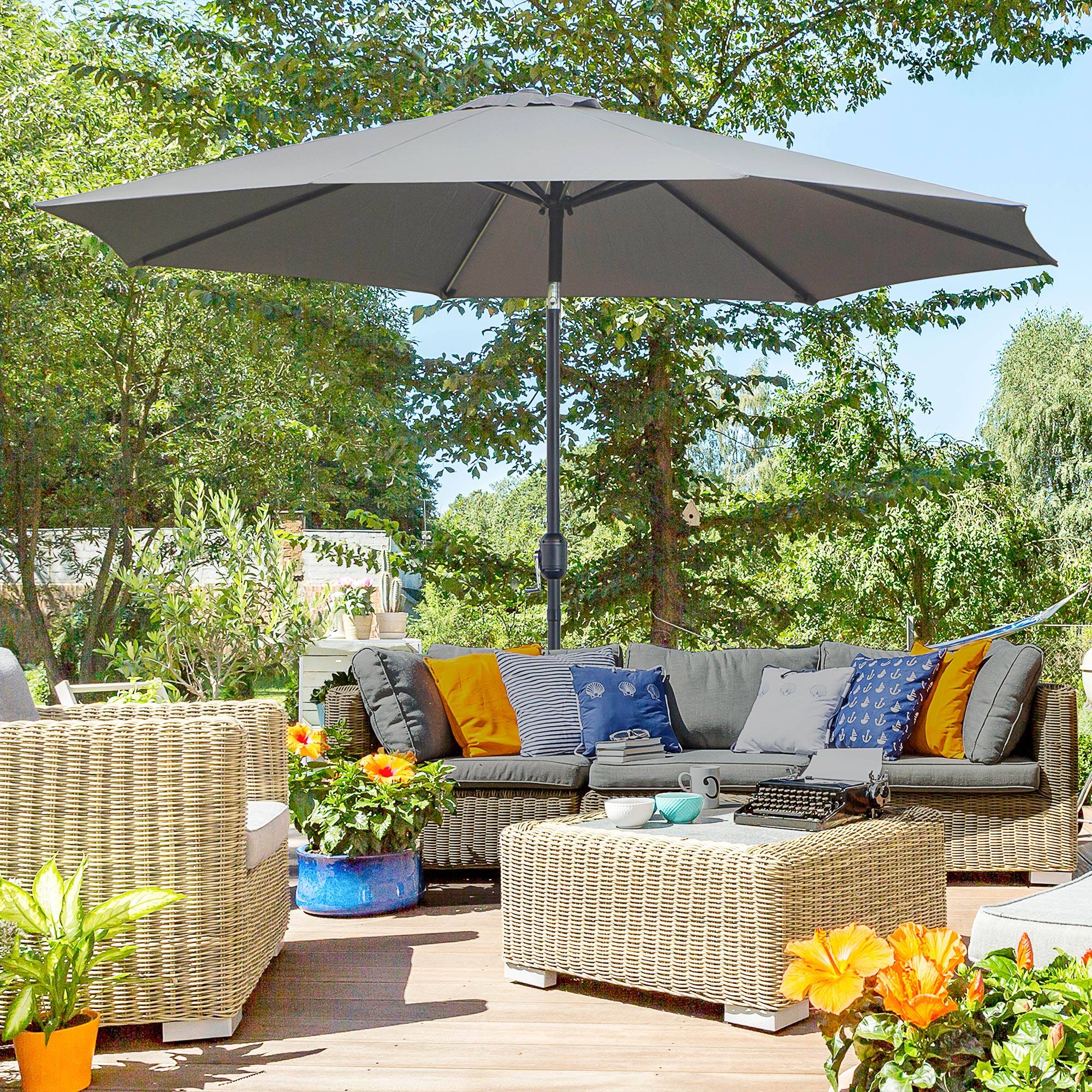 Parasol jardin Ø295x250 cm, manivelle, inclinable, mât métallique amovible, terrasse piscine patio, gris foncé - Image 3