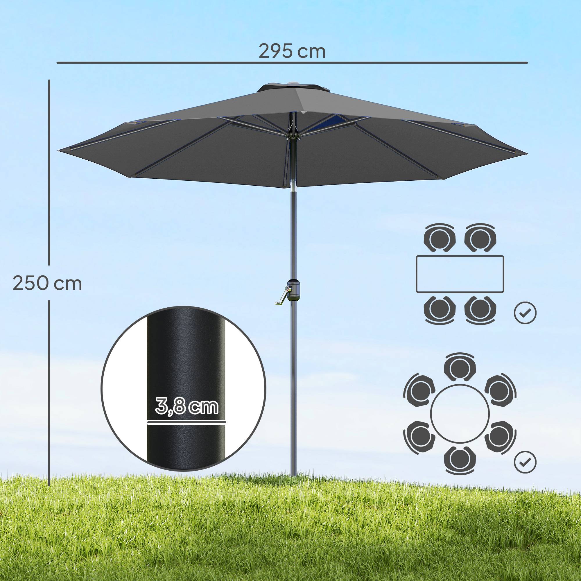 Parasol jardin Ø295x250 cm, manivelle, inclinable, mât métallique amovible, terrasse piscine patio, gris foncé - Image 5