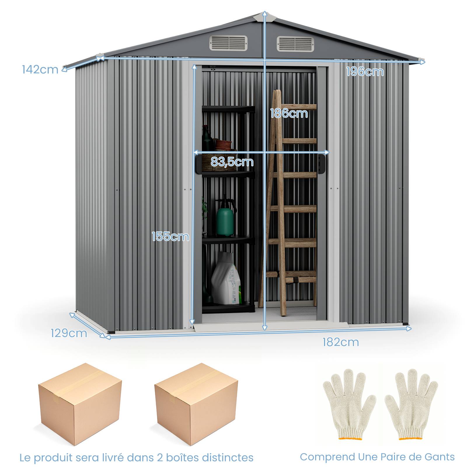 Abri de Jardin Extérieur 2,34m² 196 x 142 cm, Abri à Outils en Métal avec 4 Aérations, Portes, Rampe, Rangement pour Gants et Outils pour Jardin et Fe - Image 2