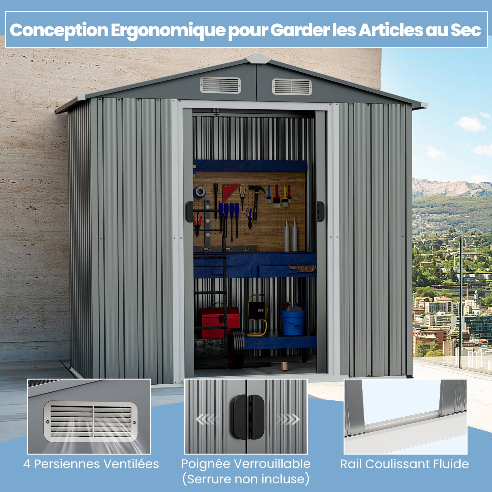 Abri de Jardin Extérieur 2,34m² 196 x 142 cm, Abri à Outils en Métal avec 4 Aérations, Portes, Rampe, Rangement pour Gants et Outils pour Jardin et Fe - Image 5