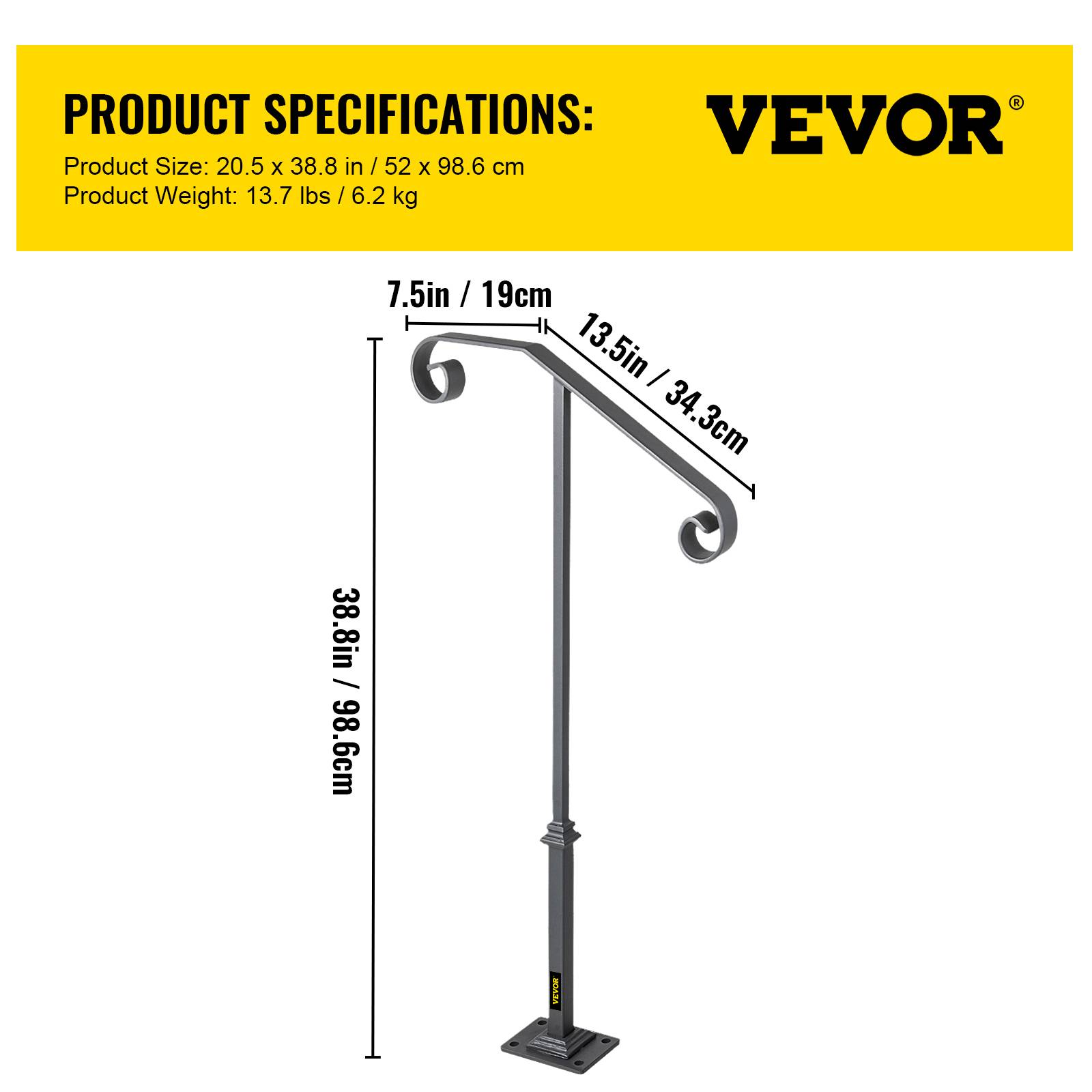 Vevor - VEVOR Rampe d'escalier grise pour 1 à 2 marches. Main courante et garde-corps pour usage intérieur ou extérieur. - Image 7