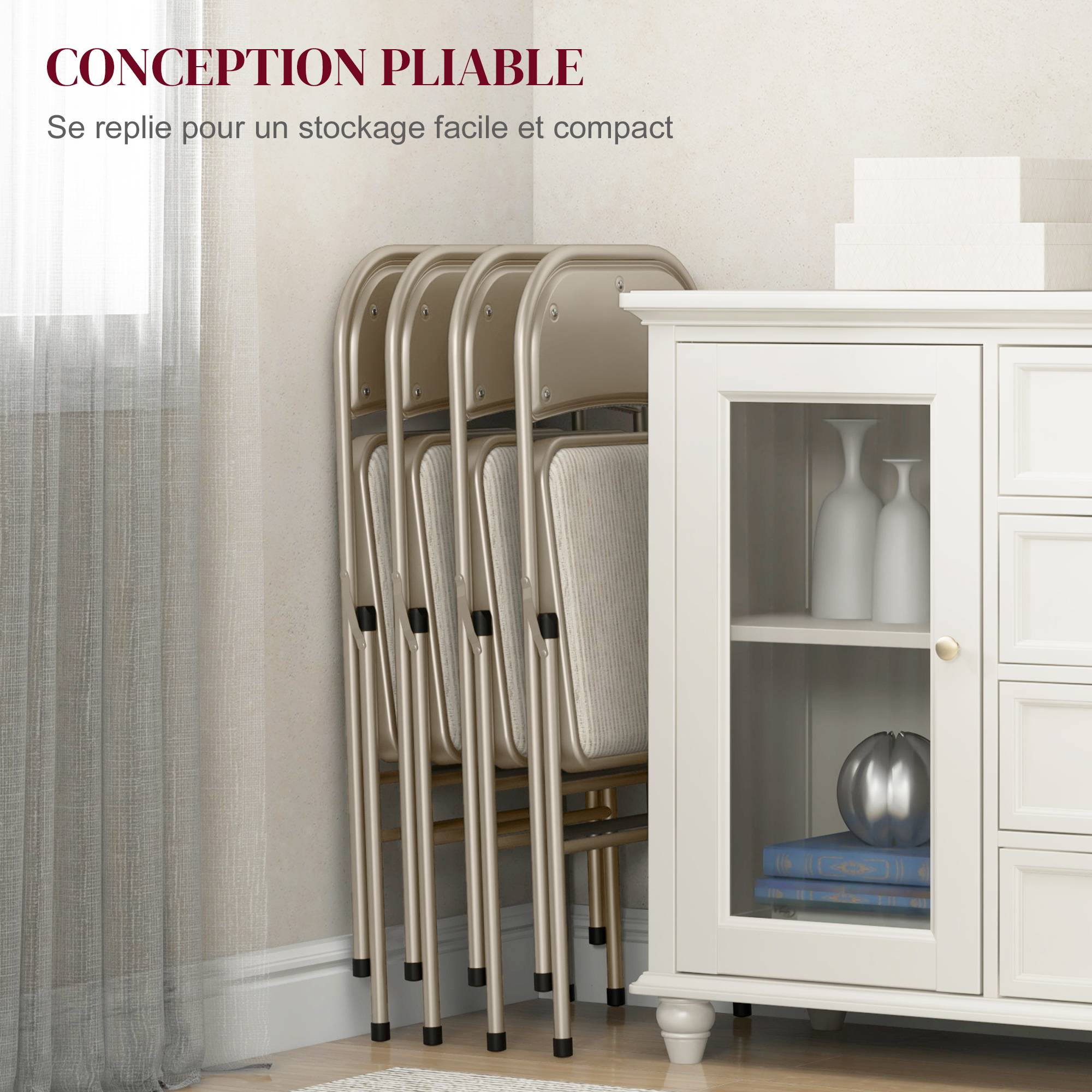 Lot de 4 chaises pliantes chaises de salle à manger portables cadre en acier dim. 45l x 46P x 78H cm beige - Image 8