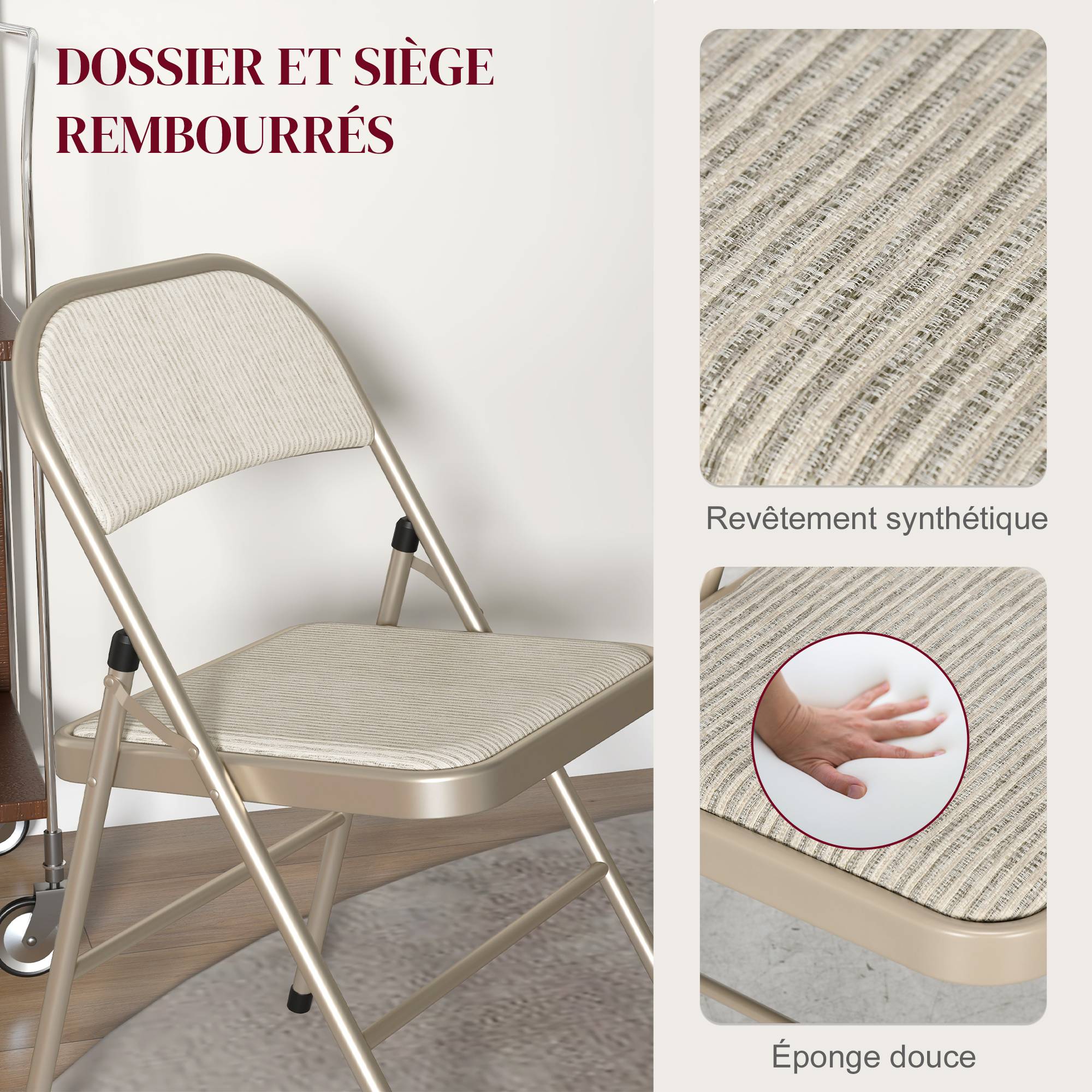 Lot de 4 chaises pliantes chaises de salle à manger portables cadre en acier dim. 45l x 46P x 78H cm beige - Image 6