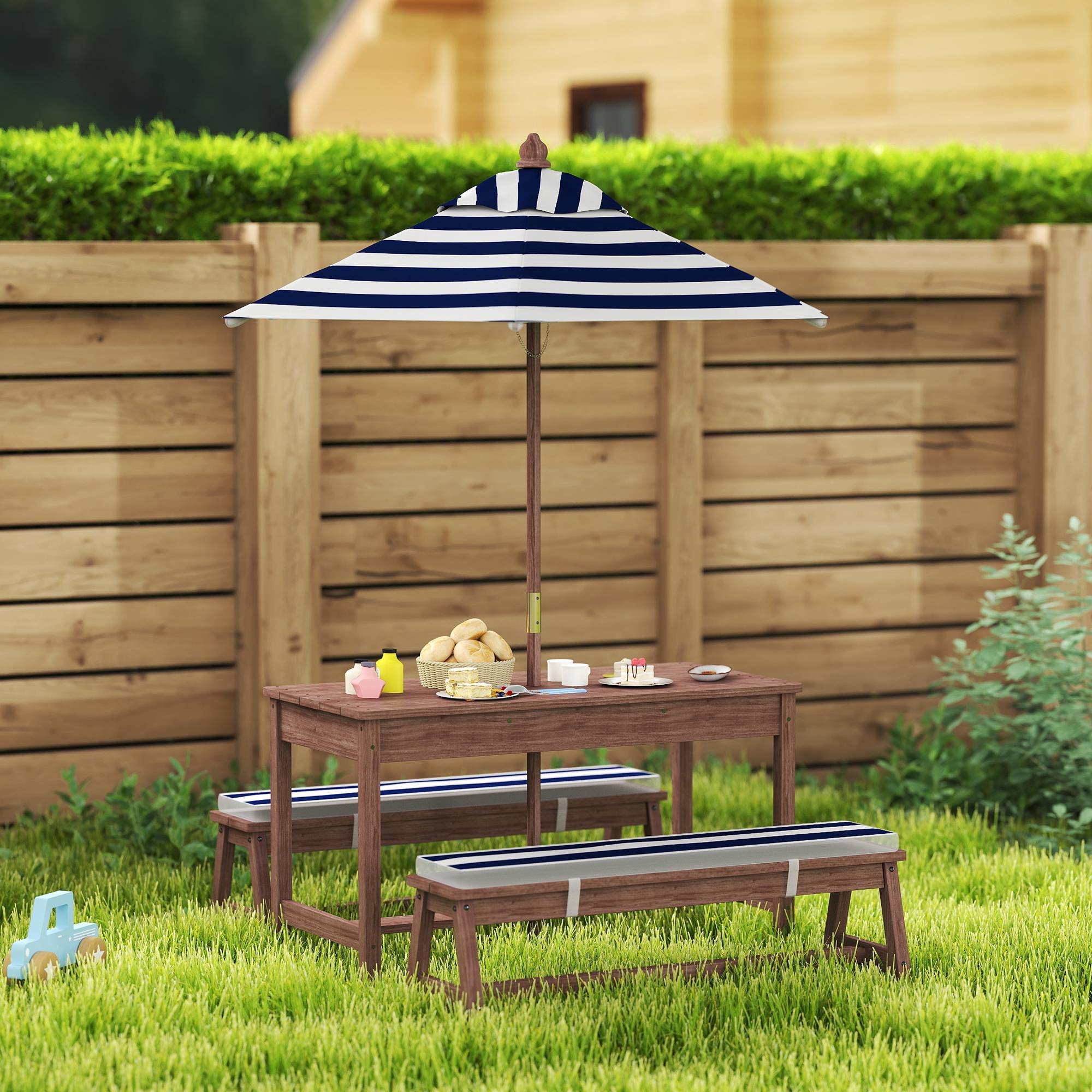 Maison Chic - Ensemble salon de jardin extérieur enfant avec coussins et parasol amovible, rayé bleu marine et blanc - Image 2