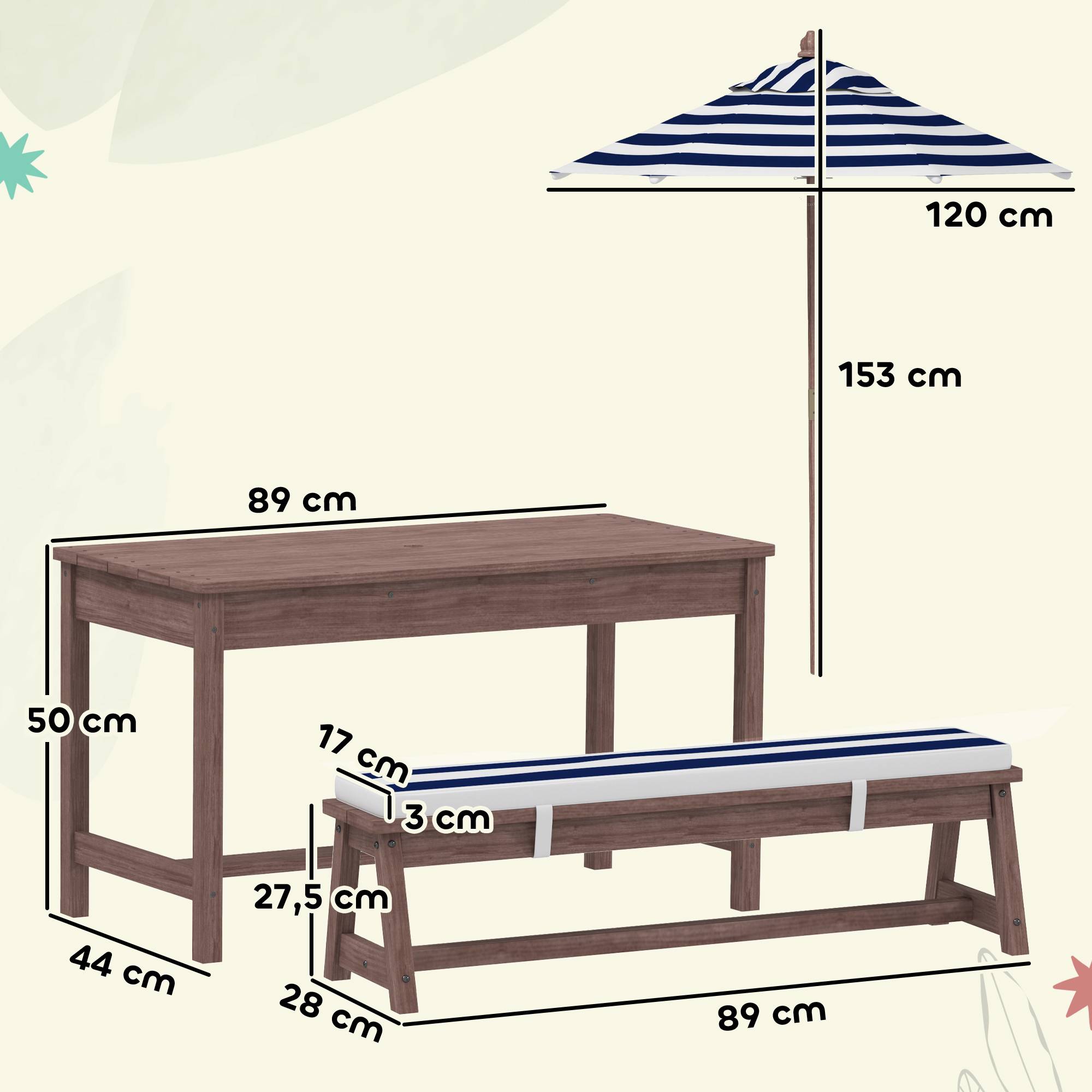 Maison Chic - Ensemble salon de jardin extérieur enfant avec coussins et parasol amovible, rayé bleu marine et blanc - Image 5