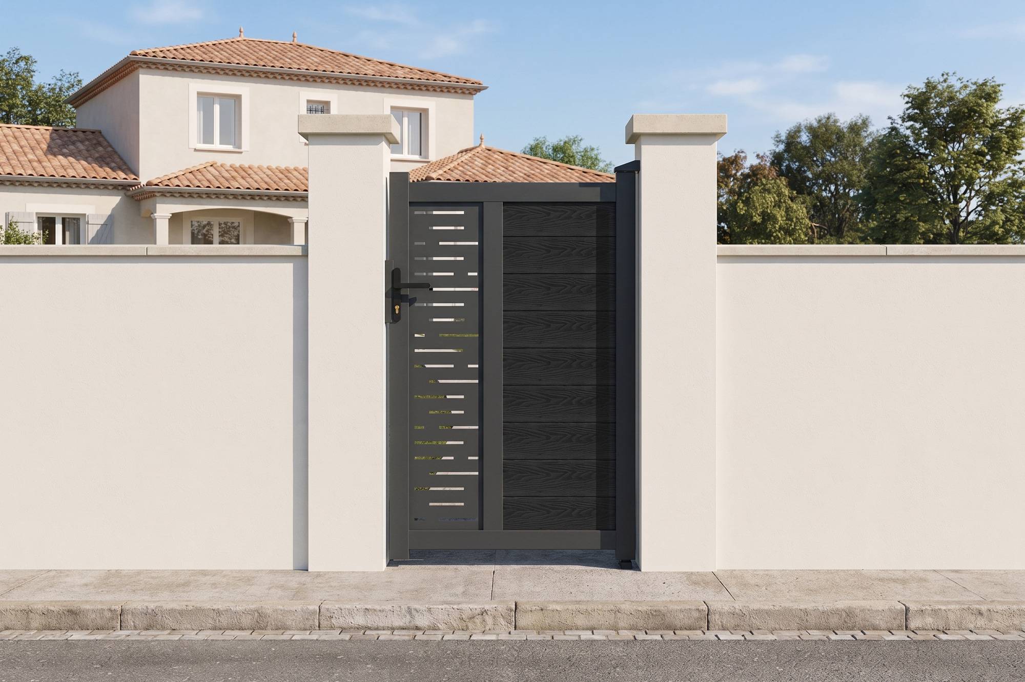 CASANOOV - Portillon bois composite 1m ATHOS ARLBERG H.160cm gris anthracite avec cadre aluminium + 2 poteaux EIFEL aluminium 15x15cm