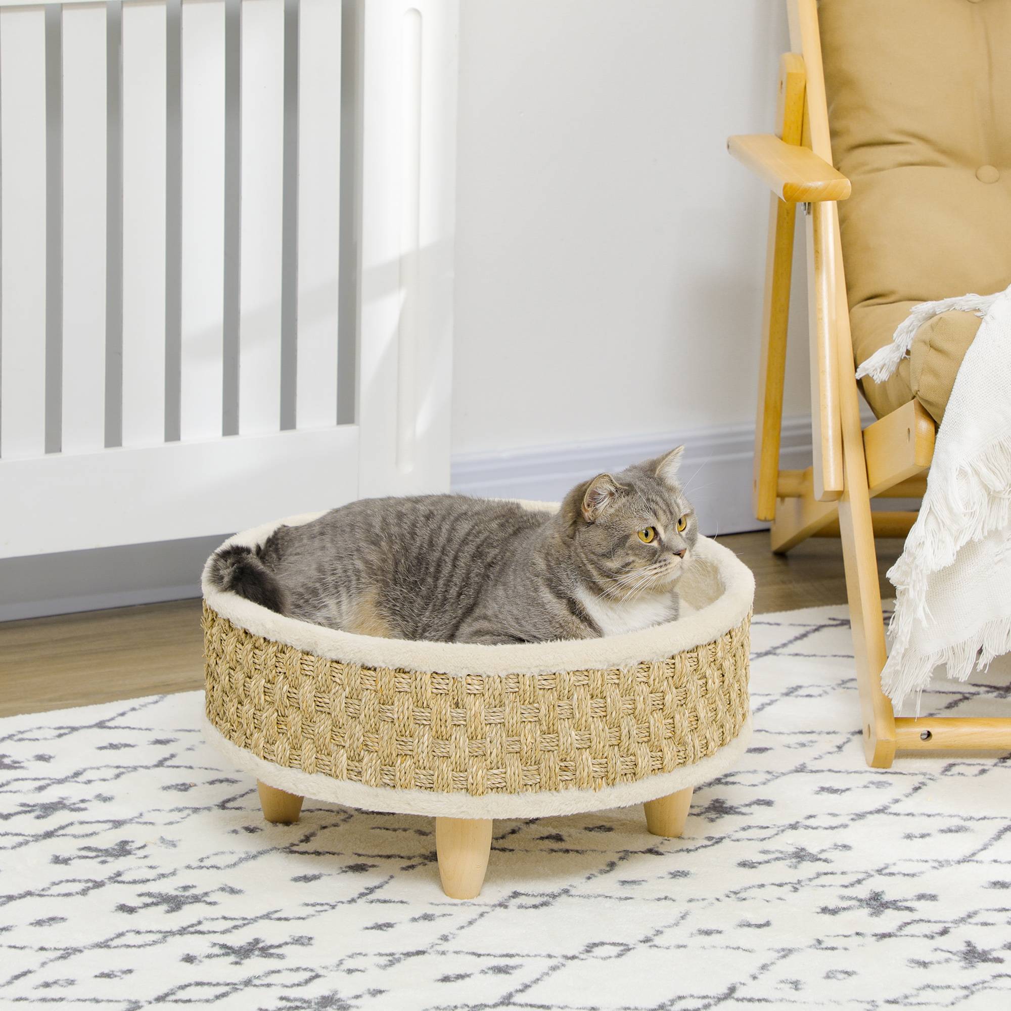 Panier rond sur pieds peluche pour chien et chat style cosy avec coussin 48cm beige - ComfortXL Outdoor Living - Image 4