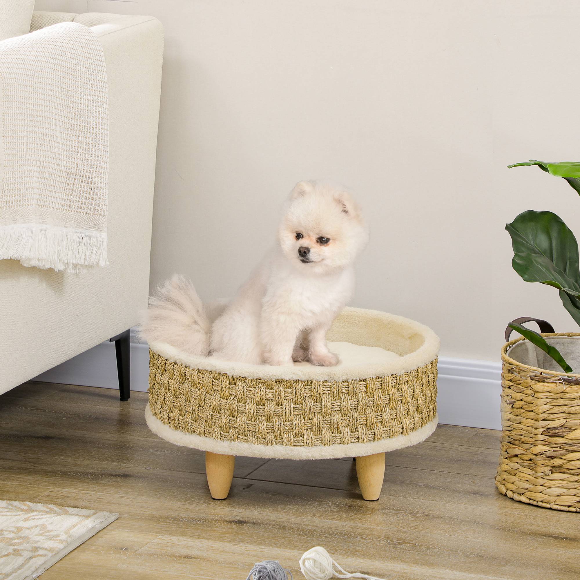 Panier rond sur pieds peluche pour chien et chat style cosy avec coussin 48cm beige - ComfortXL Outdoor Living - Image 3
