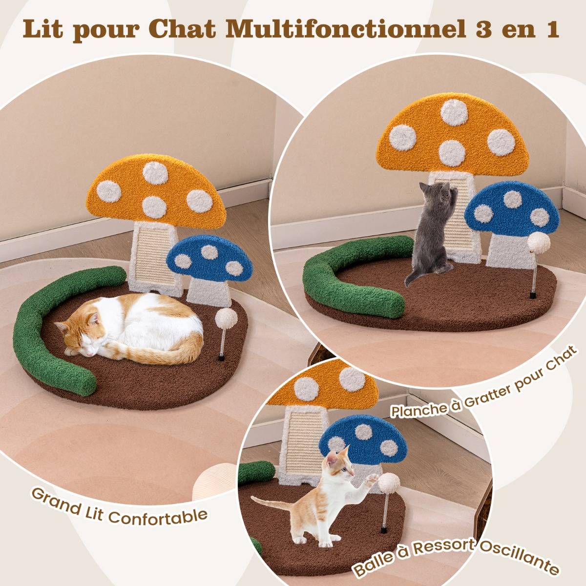 Lit pour Chat en Forme de Champignon Griffoir en Sisal avec Grande Plateforme Boule à Ressort Appui-tête Rembourré en Coton PP Plateforme - Image 8