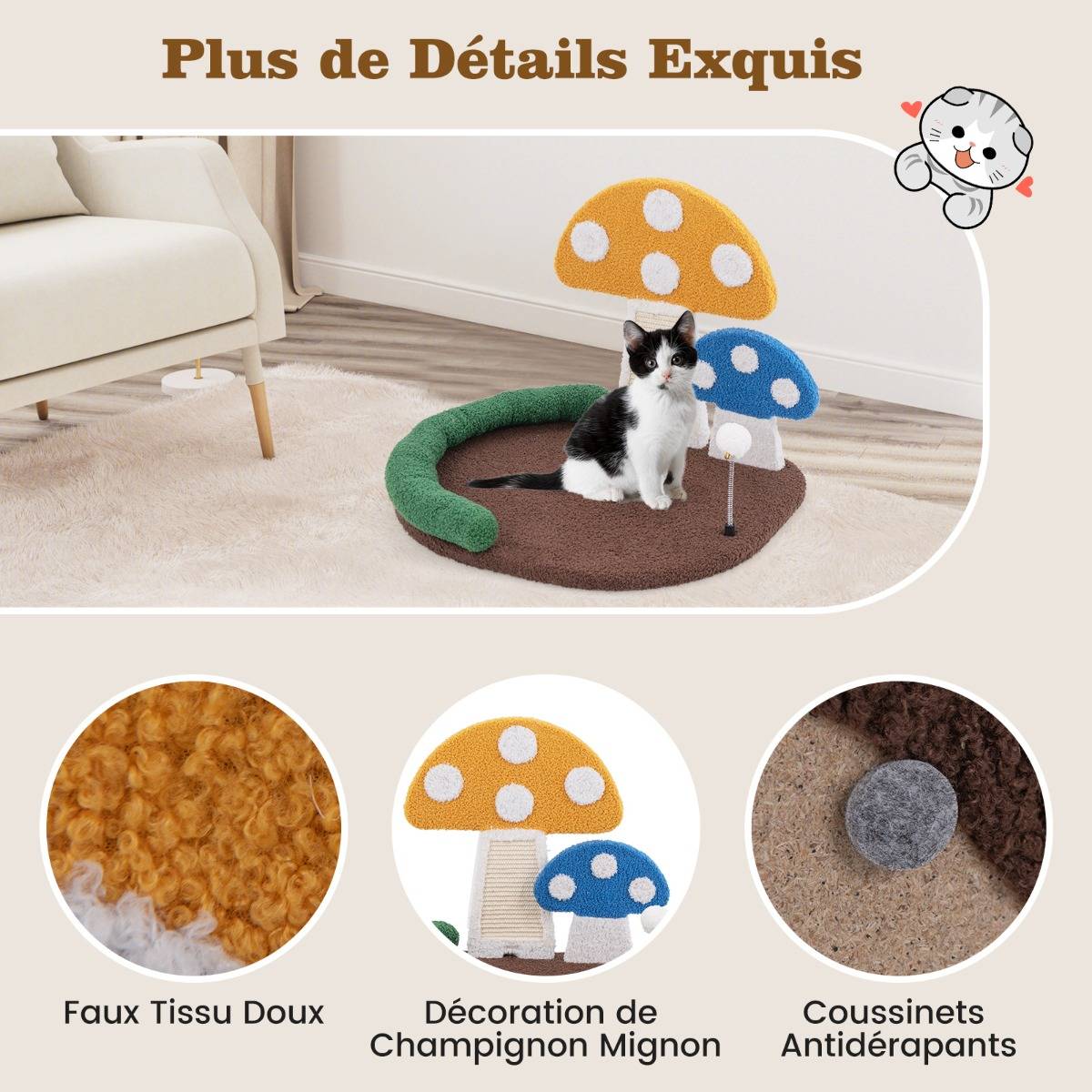 Lit pour Chat en Forme de Champignon Griffoir en Sisal avec Grande Plateforme Boule à Ressort Appui-tête Rembourré en Coton PP Plateforme - Image 6