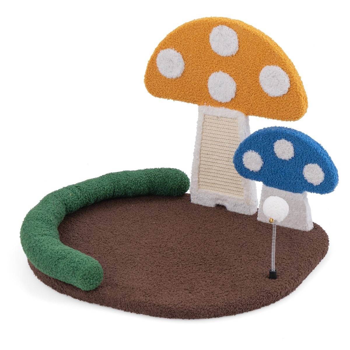 Lit pour Chat en Forme de Champignon Griffoir en Sisal avec Grande Plateforme Boule à Ressort Appui-tête Rembourré en Coton PP Plateforme