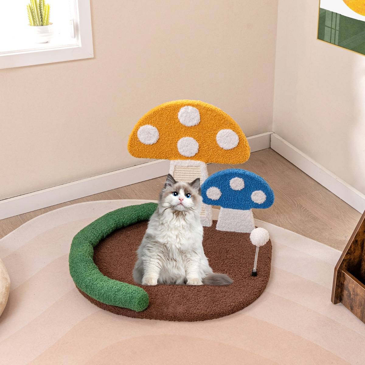 Lit pour Chat en Forme de Champignon Griffoir en Sisal avec Grande Plateforme Boule à Ressort Appui-tête Rembourré en Coton PP Plateforme - Image 3