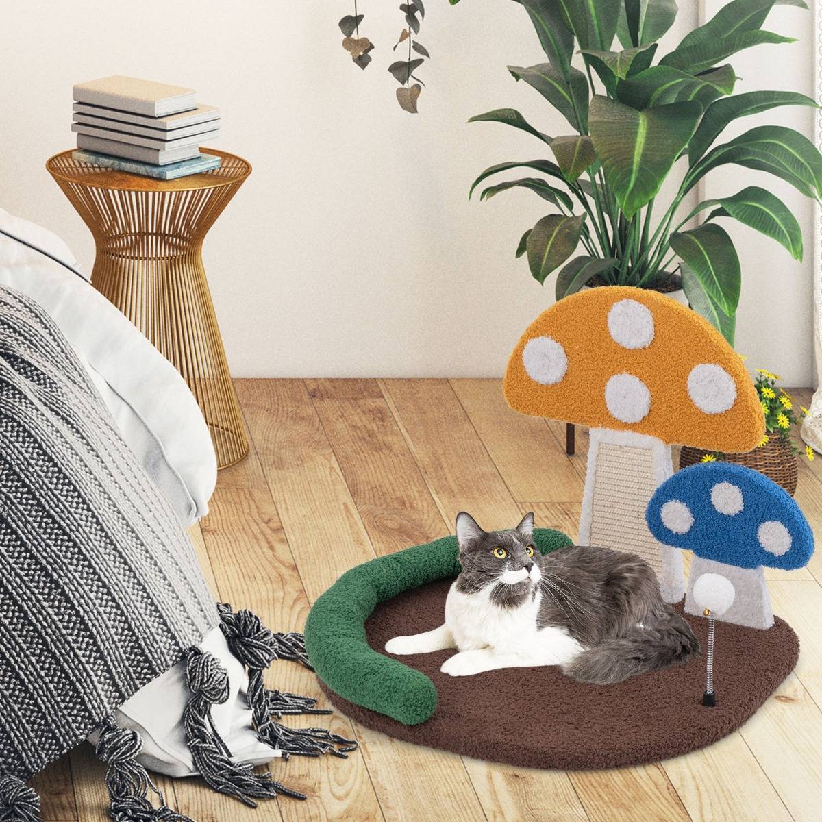 Lit pour Chat en Forme de Champignon Griffoir en Sisal avec Grande Plateforme Boule à Ressort Appui-tête Rembourré en Coton PP Plateforme - Image 4