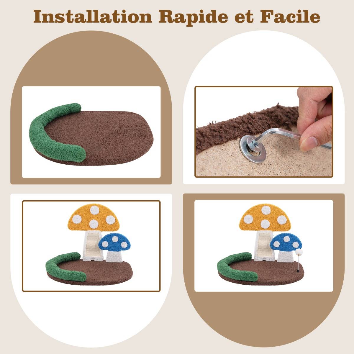 Lit pour Chat en Forme de Champignon Griffoir en Sisal avec Grande Plateforme Boule à Ressort Appui-tête Rembourré en Coton PP Plateforme - Image 9