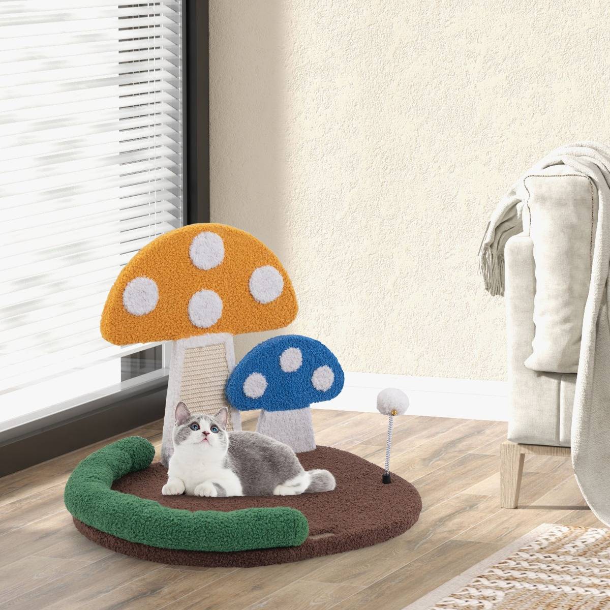 Lit pour Chat en Forme de Champignon Griffoir en Sisal avec Grande Plateforme Boule à Ressort Appui-tête Rembourré en Coton PP Plateforme - Image 2