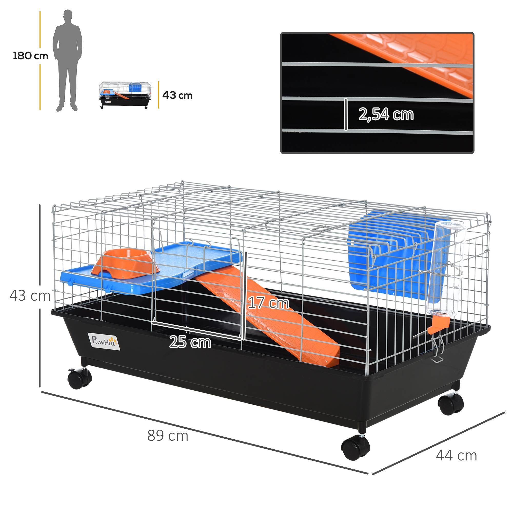 Petite cage à rongeurs avec roues, habitat pour furets et cochons d'Inde, avec mangeoire, biberon, rampe et toit ouvrant, 89 x 44 x 43 cm, noire - Image 5