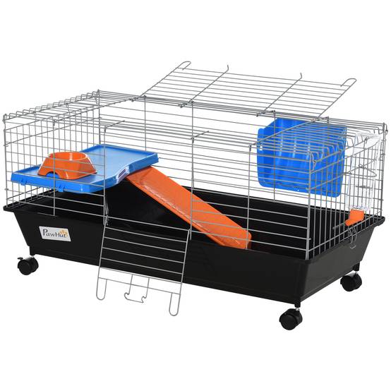 Petite cage à rongeurs avec roues, habitat pour furets et cochons d'Inde, avec mangeoire, biberon, rampe et toit ouvrant, 89 x 44 x 43 cm, noire - Image 2