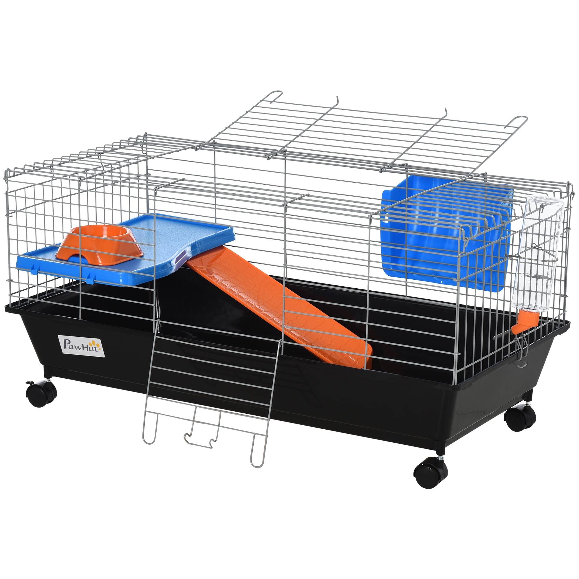 Petite cage à rongeurs avec roues, habitat pour furets et cochons d'Inde, avec mangeoire, biberon, rampe et toit ouvrant, 89 x 44 x 43 cm, noire - Image 2
