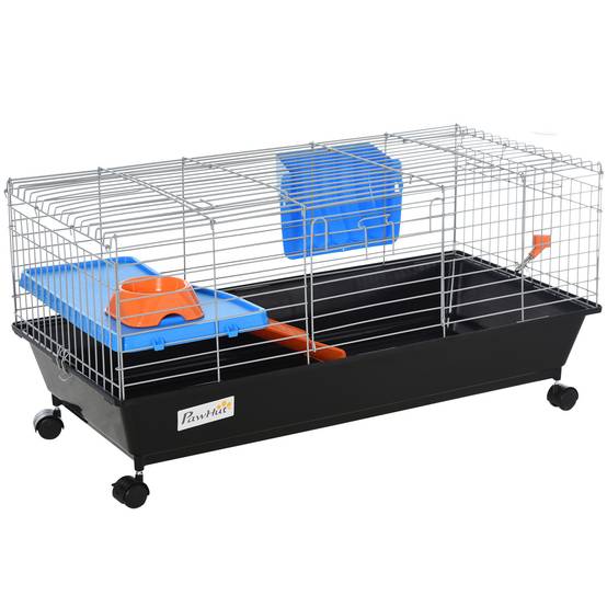 Petite cage à rongeurs avec roues, habitat pour furets et cochons d'Inde, avec mangeoire, biberon, rampe et toit ouvrant, 89 x 44 x 43 cm, noire - Image 1