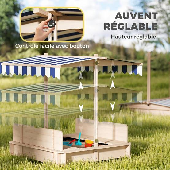 Outsunny - Bac à sable carré en bois pour enfant dim. 106L x 106l cm avec bancs et couvercle - auvent réglable - Outsunny - Image 4
