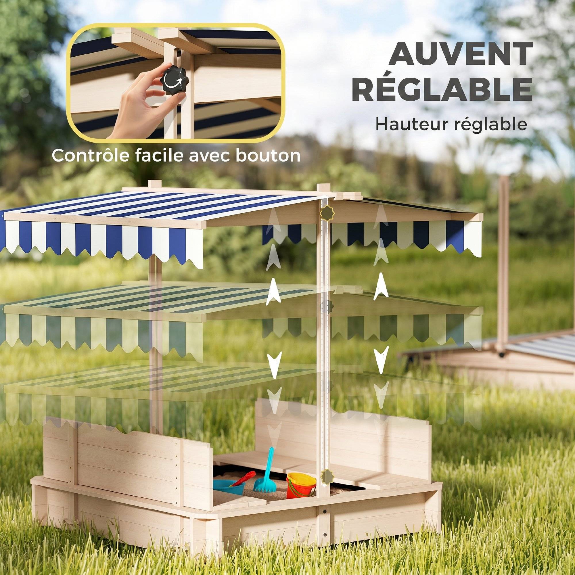 Outsunny - Bac à sable carré en bois pour enfant dim. 106L x 106l cm avec bancs et couvercle - auvent réglable - Outsunny - Image 4