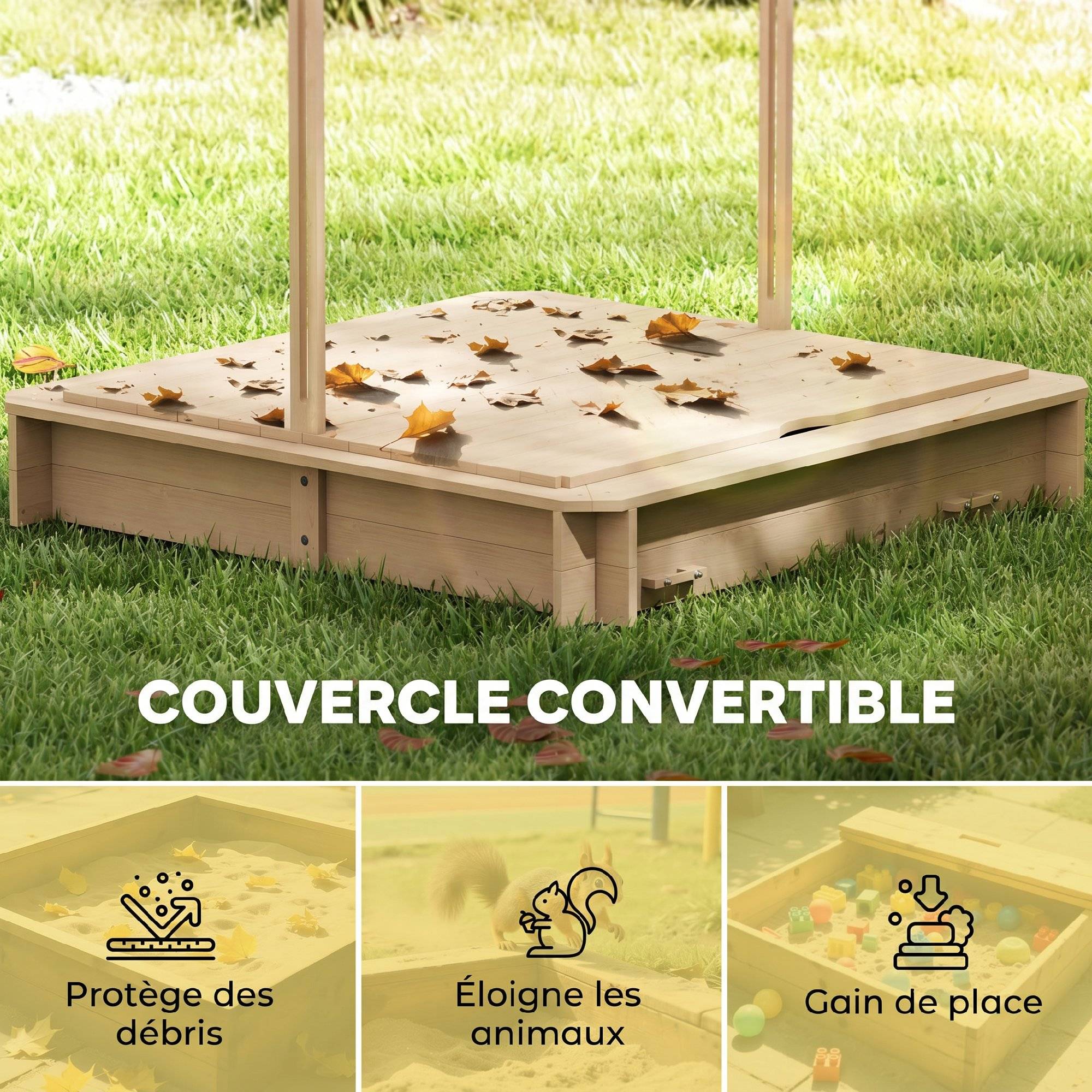 Outsunny - Bac à sable carré en bois pour enfant dim. 106L x 106l cm avec bancs et couvercle - auvent réglable - Outsunny - Image 6