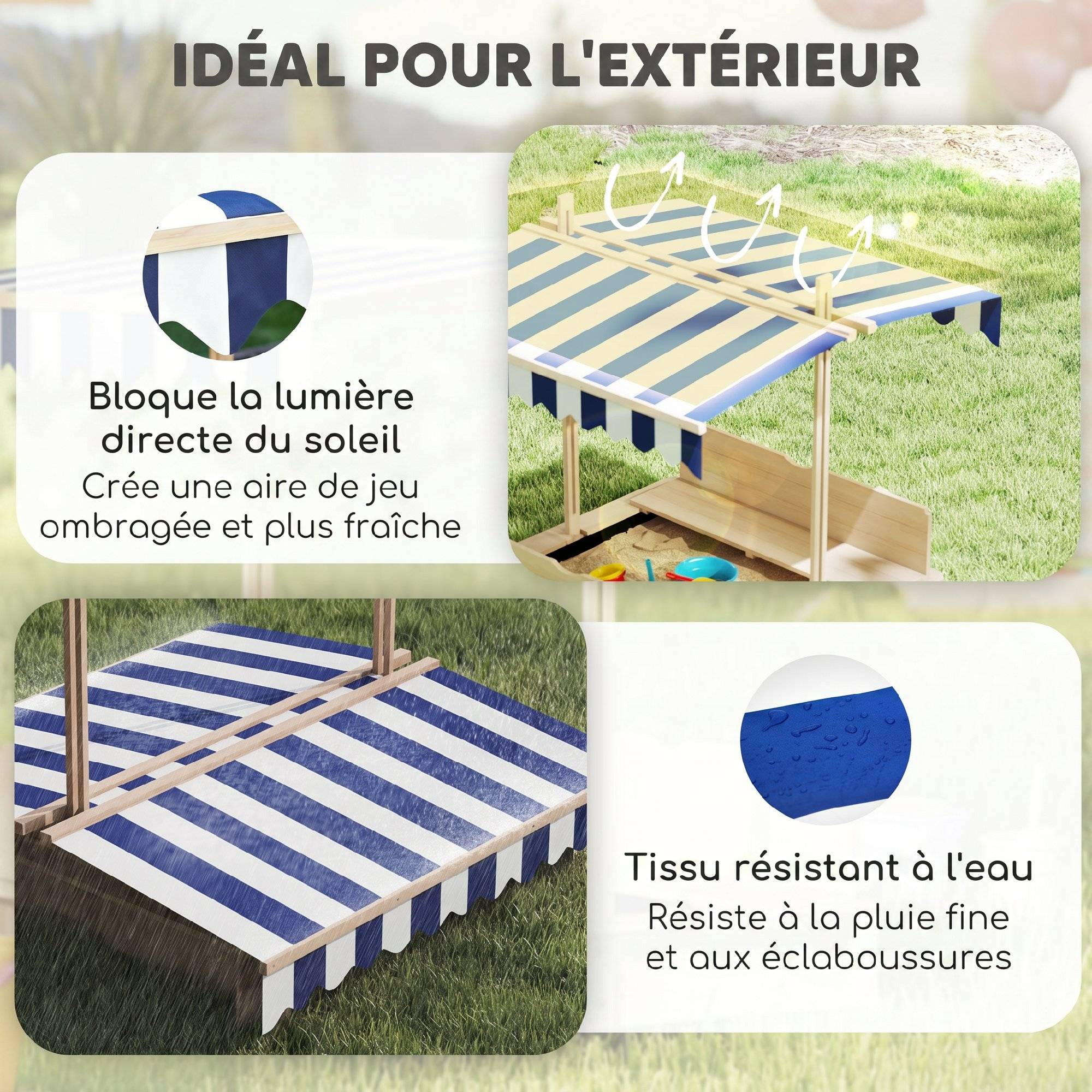 Outsunny - Bac à sable carré en bois pour enfant dim. 106L x 106l cm avec bancs et couvercle - auvent réglable - Outsunny - Image 5