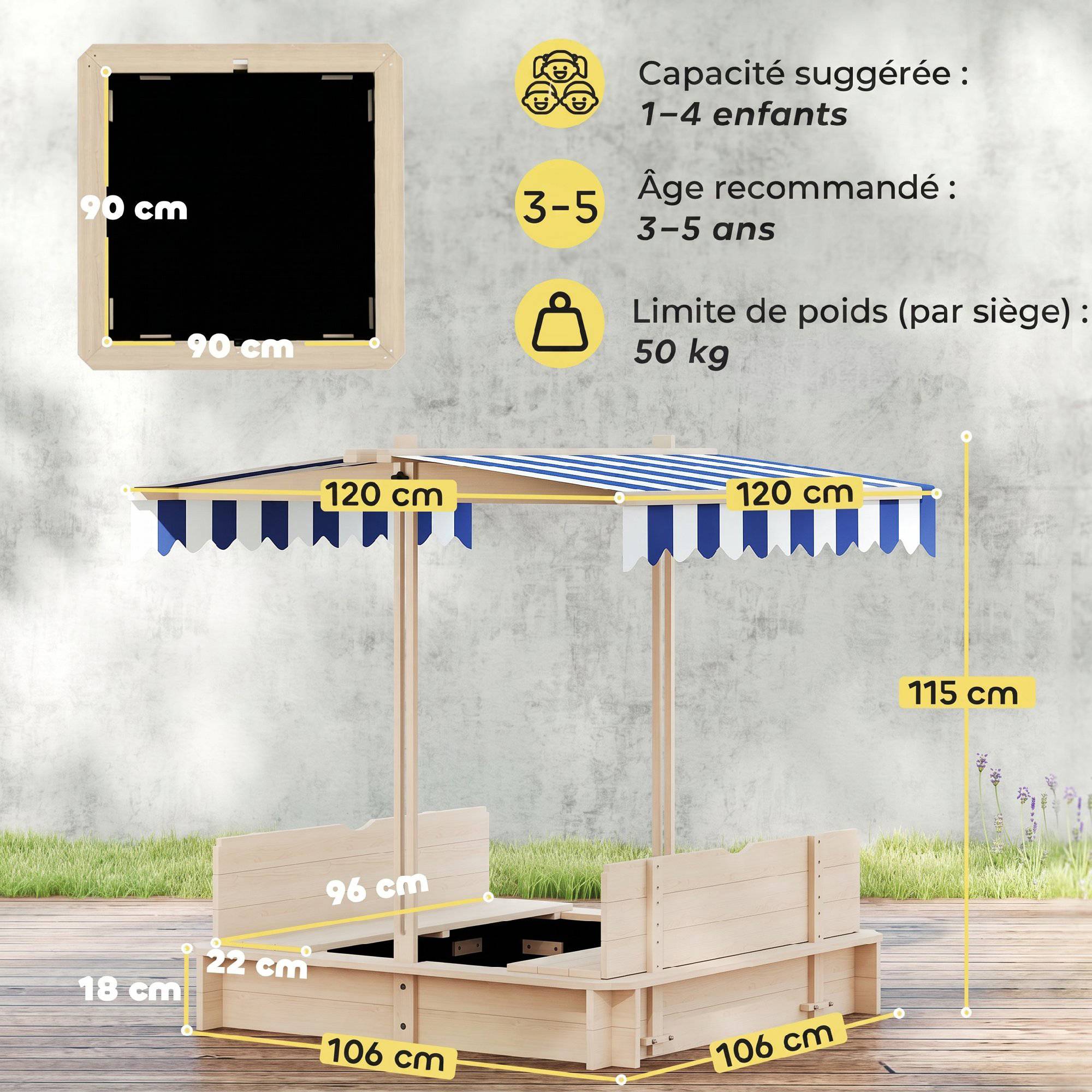 Outsunny - Bac à sable carré en bois pour enfant dim. 106L x 106l cm avec bancs et couvercle - auvent réglable - Outsunny - Image 3