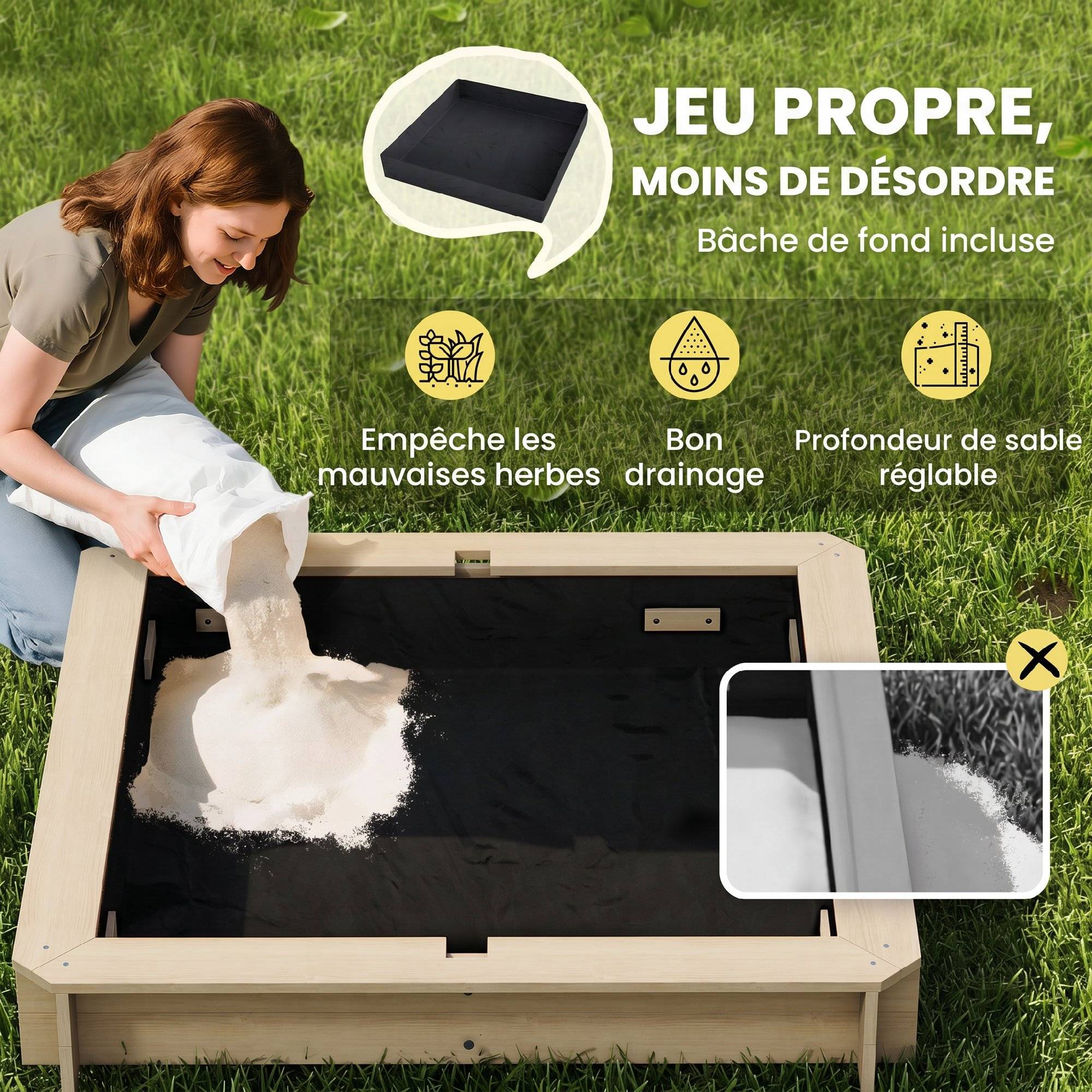 Outsunny - Bac à sable carré en bois pour enfant dim. 106L x 106l cm avec bancs et couvercle - auvent réglable - Outsunny - Image 7