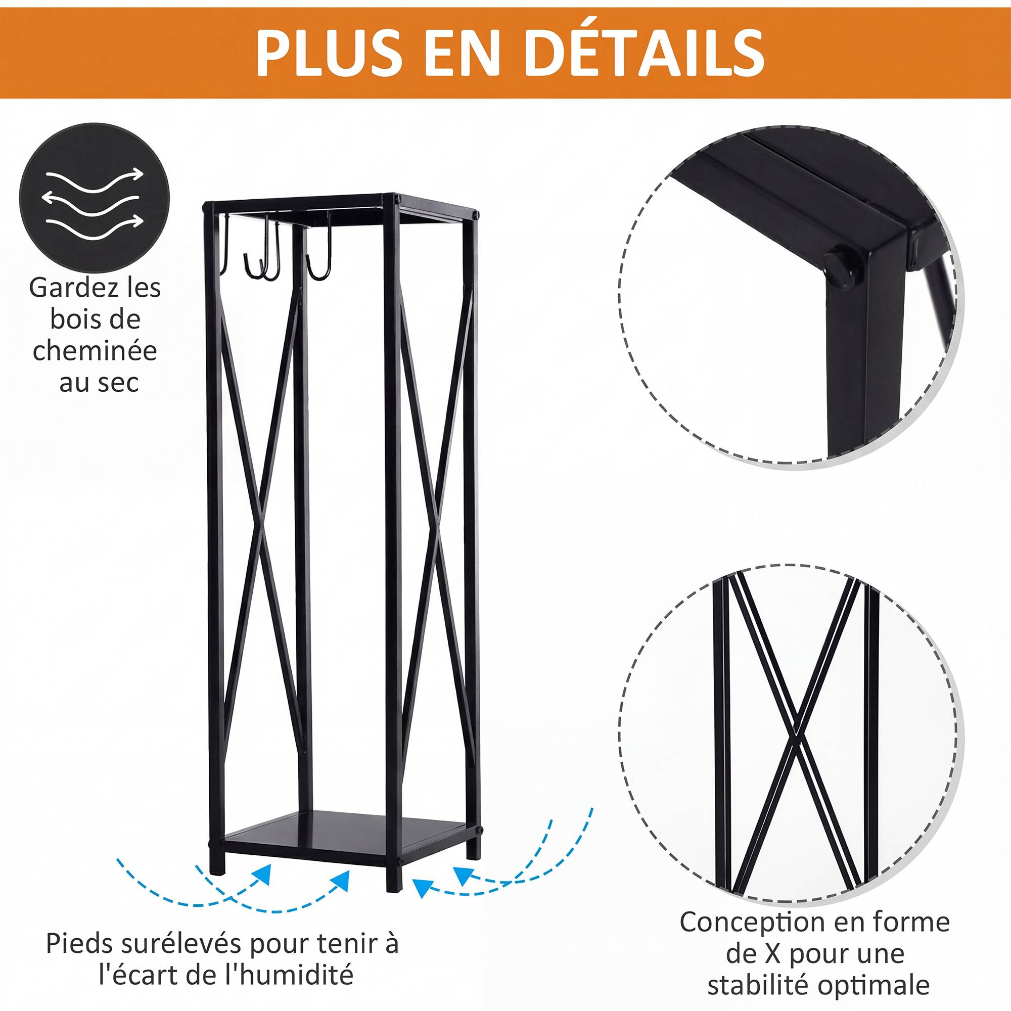 Porte bûches - Range bûches Serviteur de cheminée Colonne - Multi Accessoires dim. 34L x 34l x 111H cm métal Noir - Image 8