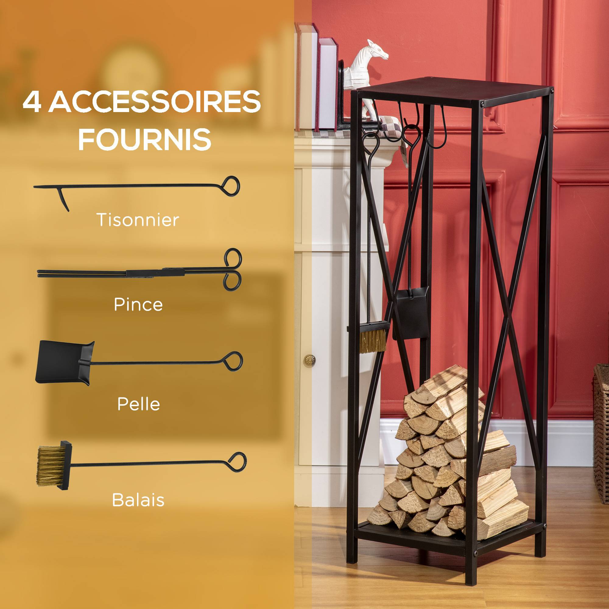 Porte bûches - Range bûches Serviteur de cheminée Colonne - Multi Accessoires dim. 34L x 34l x 111H cm métal Noir - Image 6