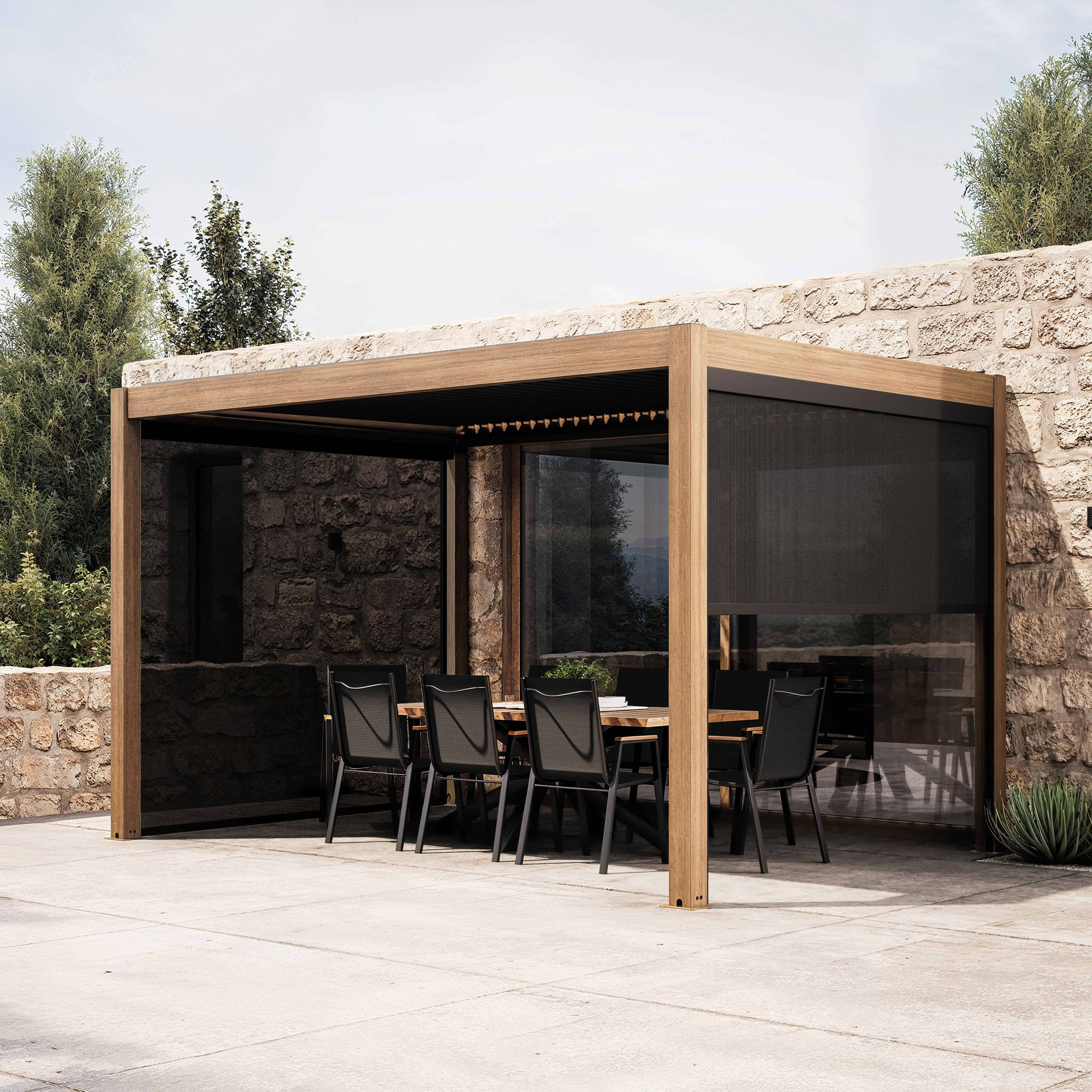 Oviala - Pergola bioclimatique autoportée 3x4m et 2 stores bois gris Athenes - Oviala - Image 1