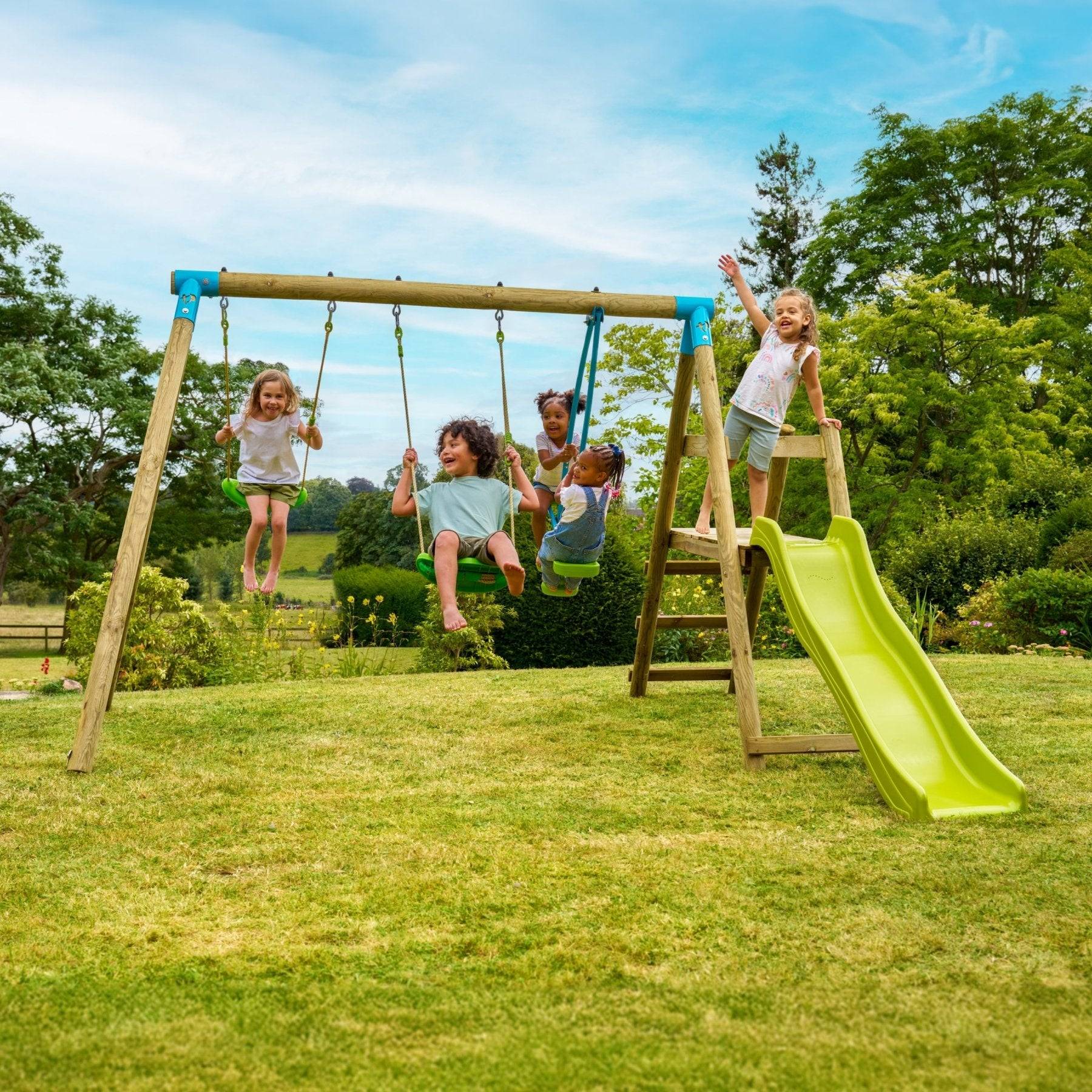 Tp Toys - Station de jeux bois AJONC – 2 balançoires + 1 vis-à-vis + toboggan, kit d’ancrage, H 190 cm, bois FSC® – TP TOYS - Image 1
