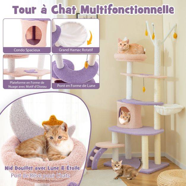 Helloshop26 - Arbre à chat violet tour à plusieurs niveaux de 158 cm avec échelle poteaux à griffer de sisal condo perchoir moelleux hamac violet - Image 3