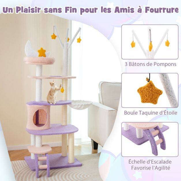 Helloshop26 - Arbre à chat violet tour à plusieurs niveaux de 158 cm avec échelle poteaux à griffer de sisal condo perchoir moelleux hamac violet - Image 2