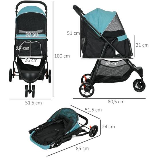Poussette animaux pliable extérieur 80.5 x 51.5 x 100 cm acier et polyester bleu et noir - PANGIVO - Image 3