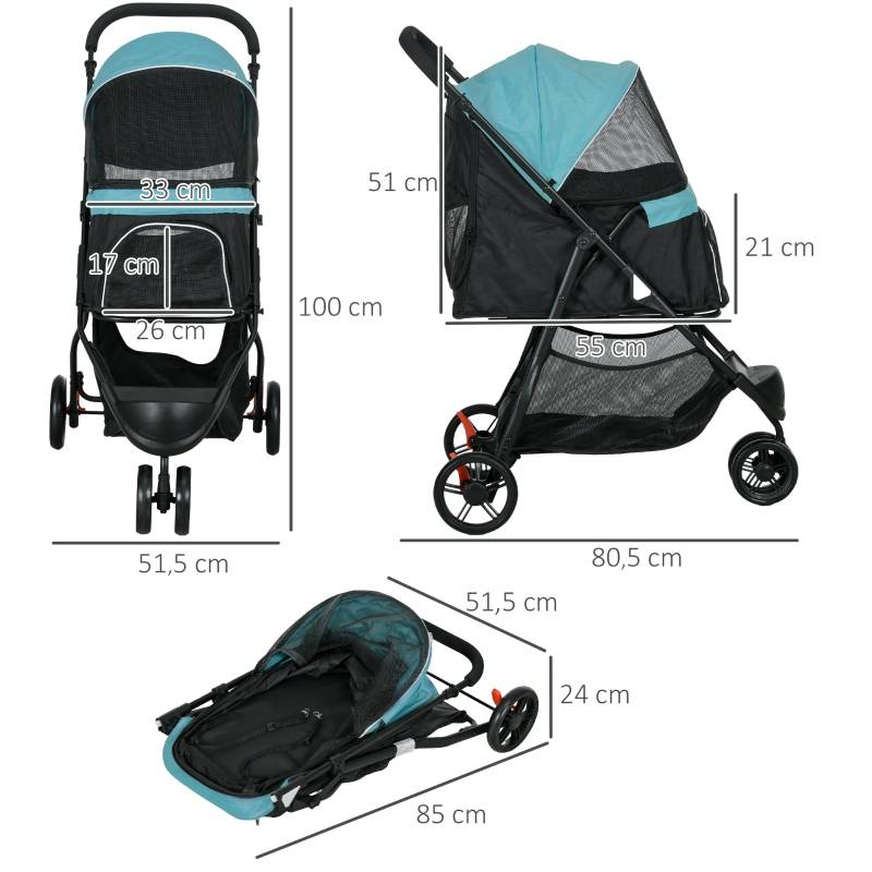 Poussette animaux pliable extérieur 80.5 x 51.5 x 100 cm acier et polyester bleu et noir - PANGIVO - Image 3