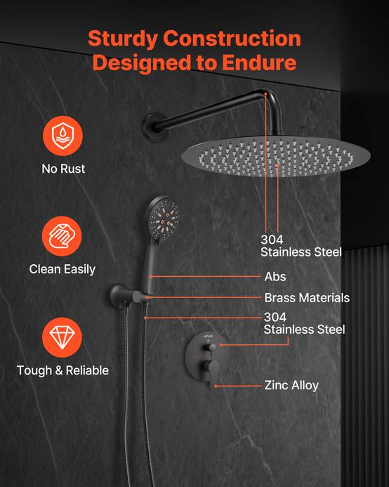 VEVOR Kit de Douche avec Douchette de Tête Ronde 30,5 cm et à Main Noir Mat - Image 6