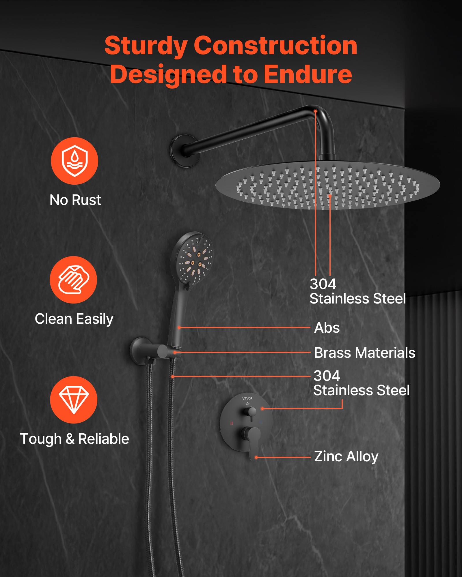VEVOR Kit de Douche avec Douchette de Tête Ronde 30,5 cm et à Main Noir Mat - Image 6