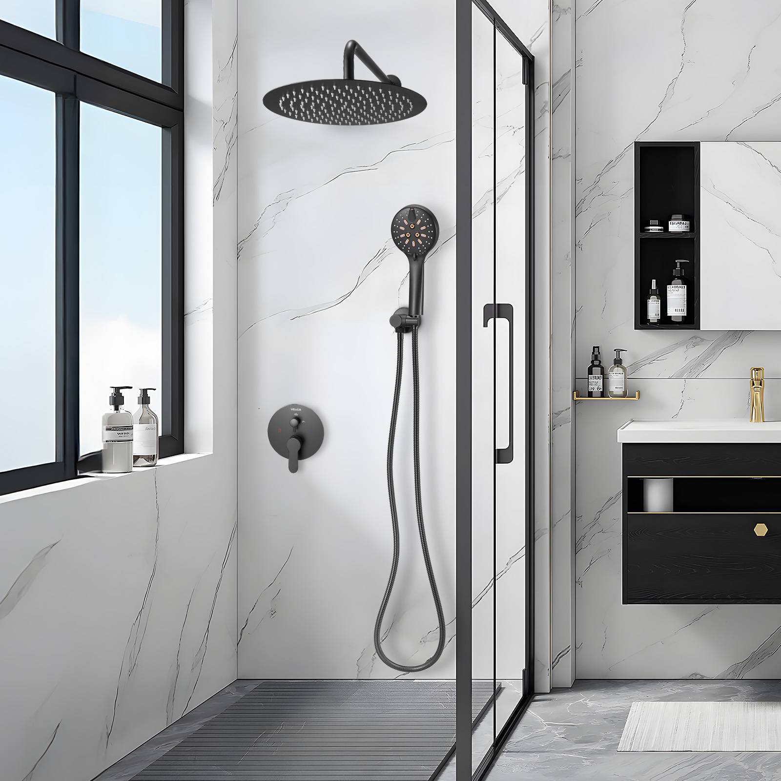 VEVOR Kit de Douche avec Douchette de Tête Ronde 30,5 cm et à Main Noir Mat - Image 8