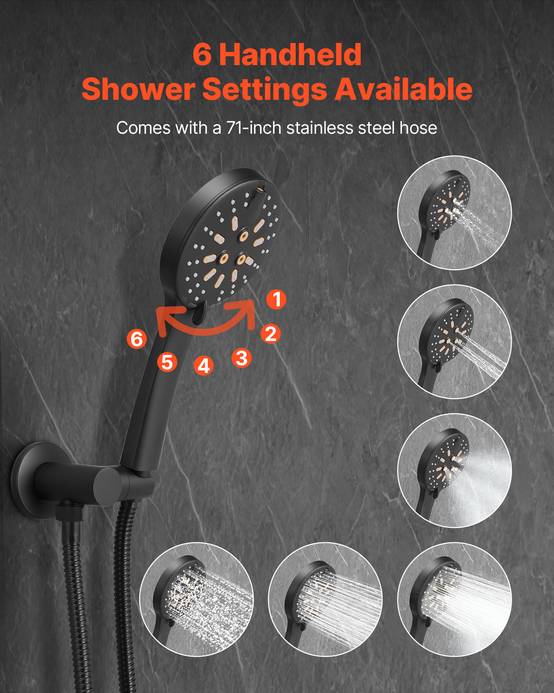 VEVOR Kit de Douche avec Douchette de Tête Ronde 30,5 cm et à Main Noir Mat - Image 3