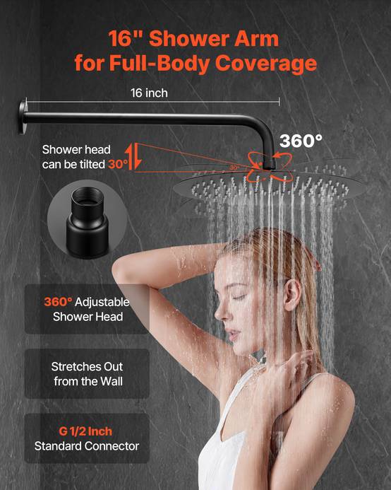 VEVOR Kit de Douche avec Douchette de Tête Ronde 30,5 cm et à Main Noir Mat - Image 4