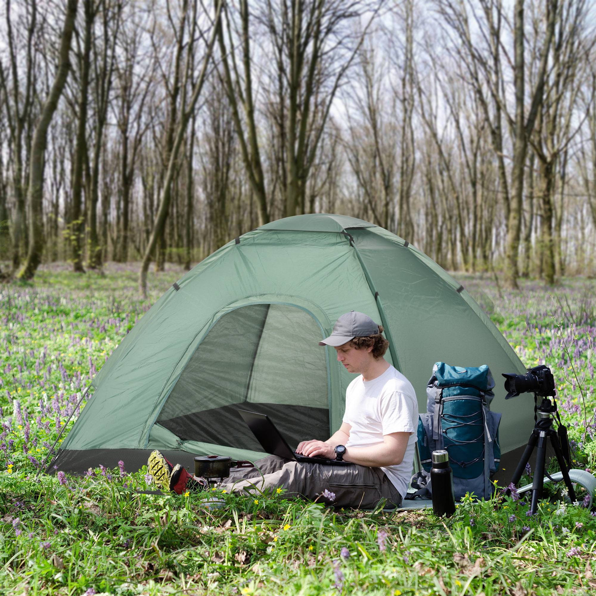 ComfortXL - Tente camping 2 personnes dôme polyester vert foncé 206 x 185 x 120 cm randonnée légère avec sac de transport - Image 1