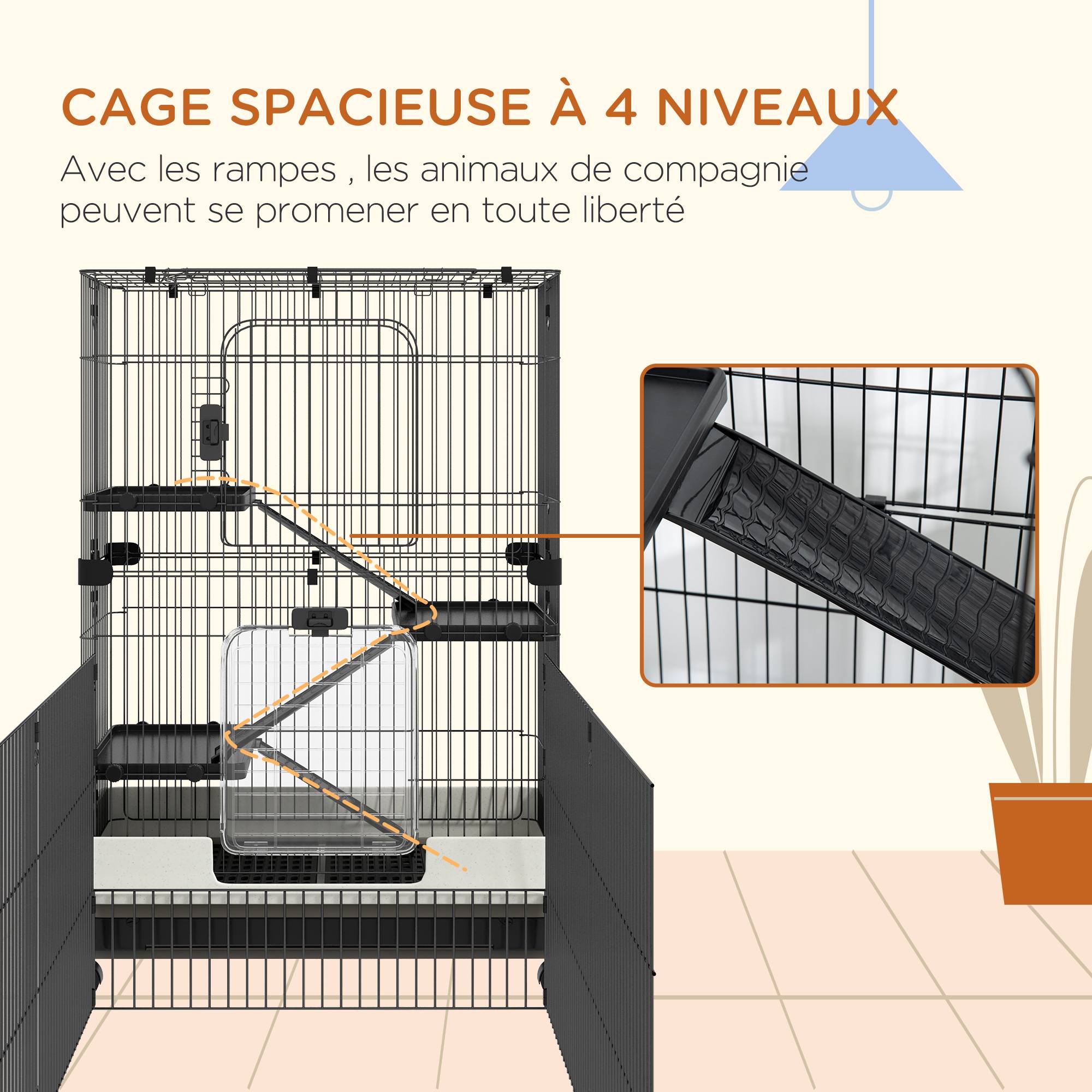 Cage pour petits animaux métal et plastique noir 182 x 81 x 114 cm - PANGIVO - Image 6