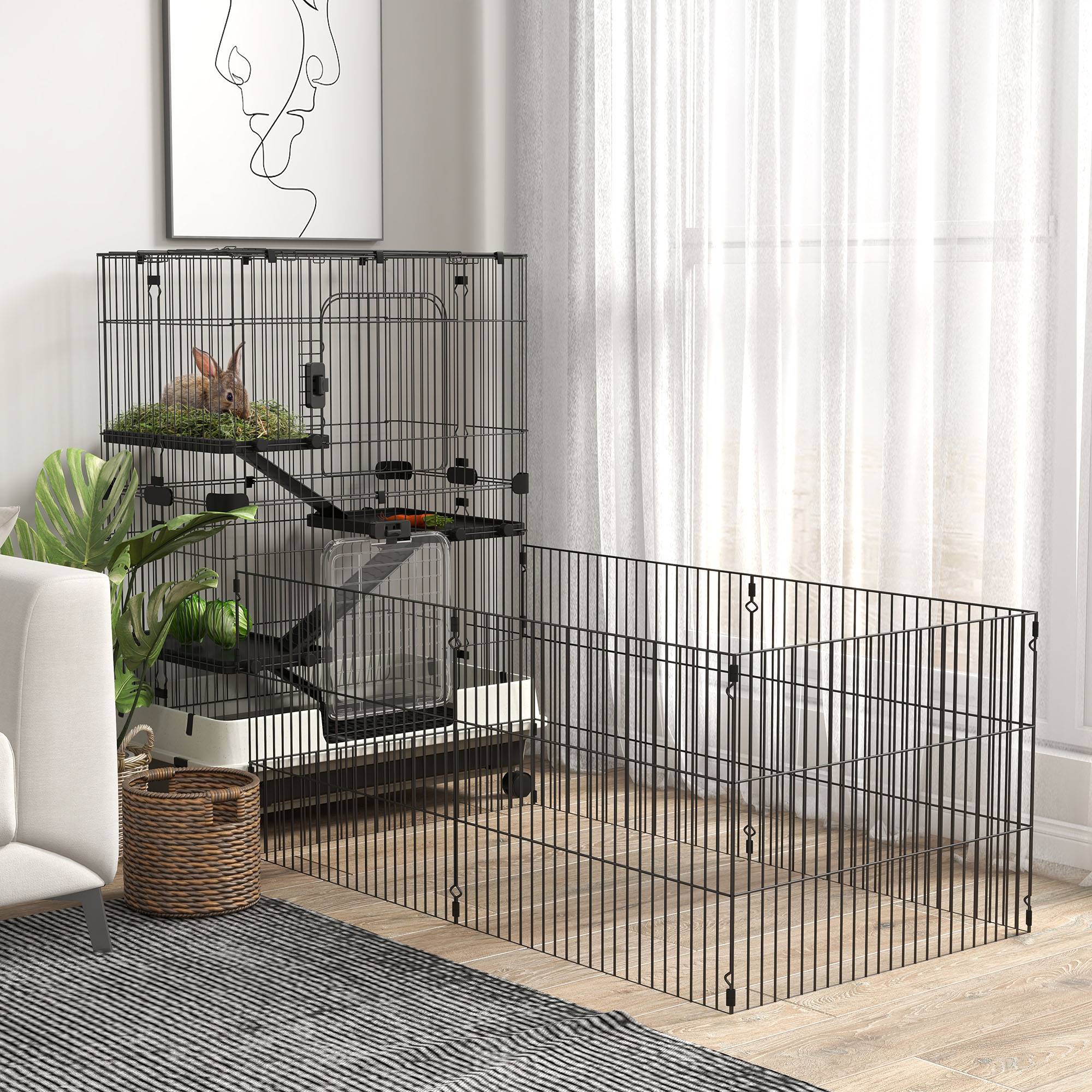 Cage pour petits animaux métal et plastique noir 182 x 81 x 114 cm - PANGIVO - Image 4